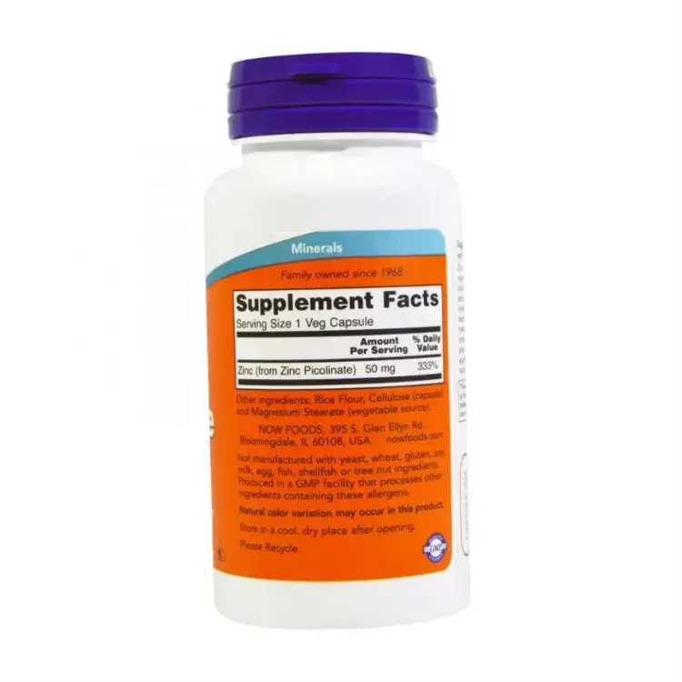 Витамины NOW Цинк пиколинат для здоровья всего организма, 50 мг, 60 шт в Минске