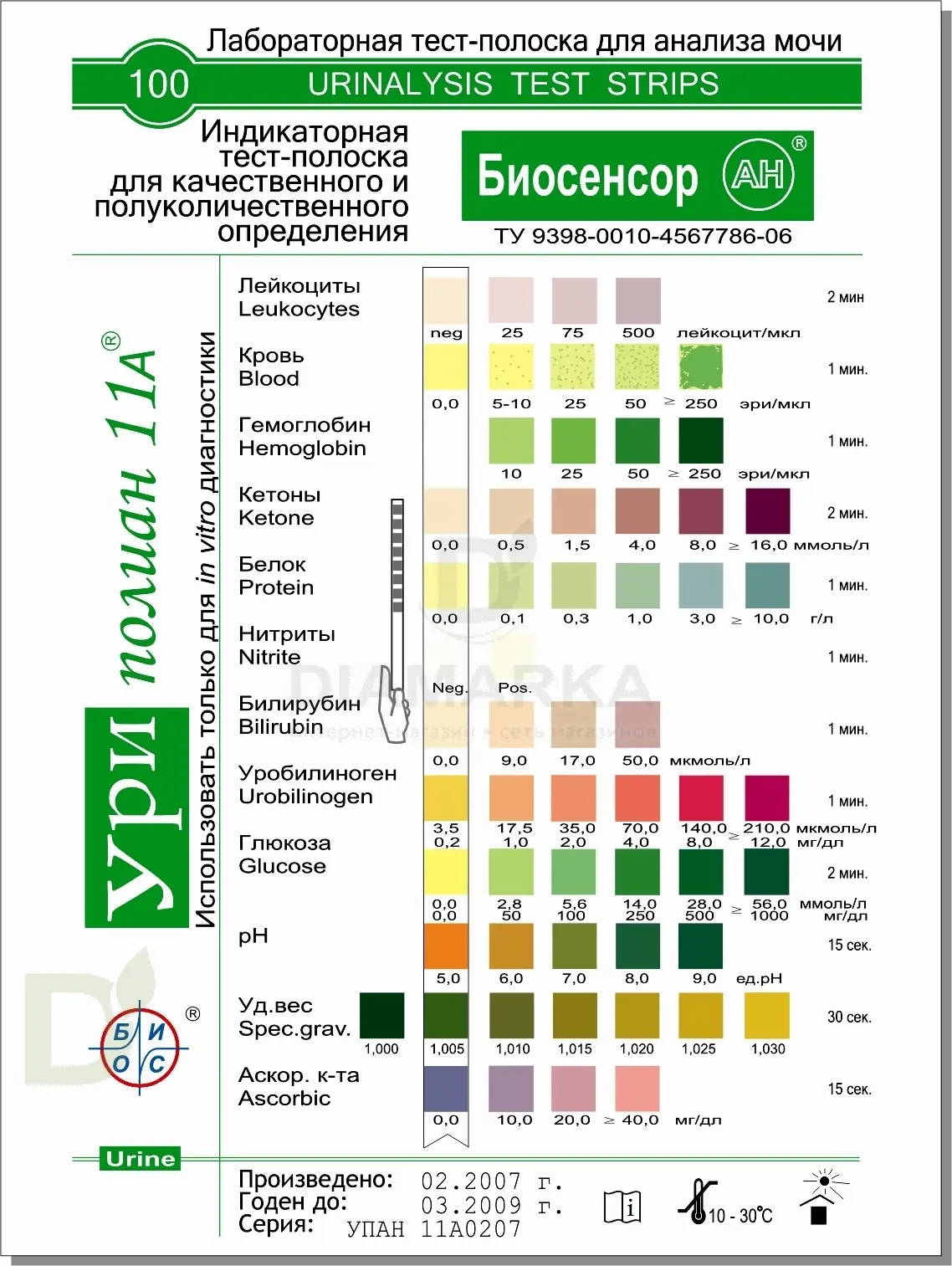 Визуальные тест-полоски Уриполиан 11A № 50 для определения биохимических параметров в моче